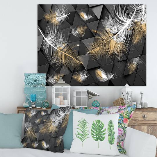 Designart - White and Gold Feathers On Triangular